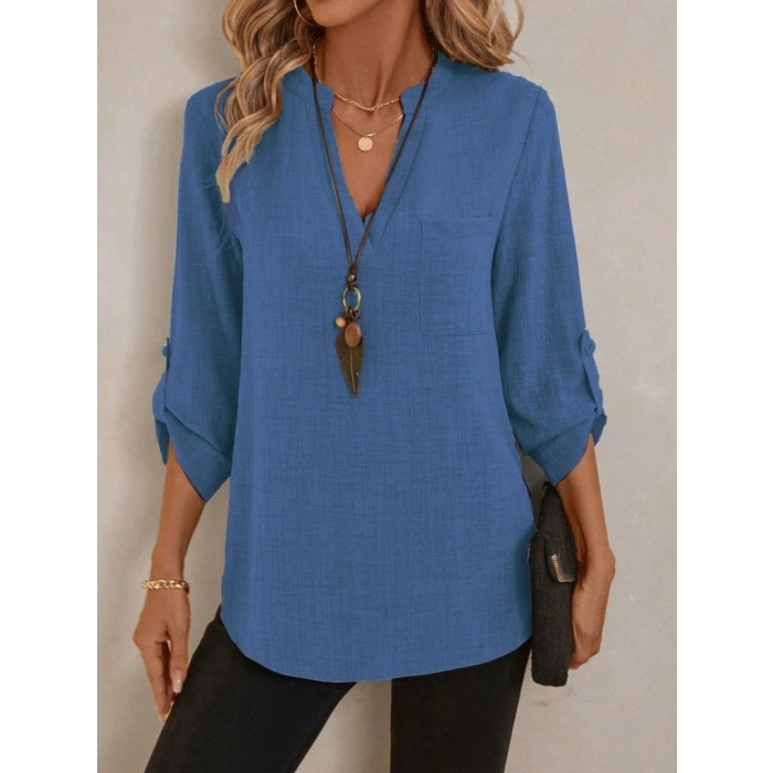 Kadın Truvakar Kol V Yakalı Keten Bluz