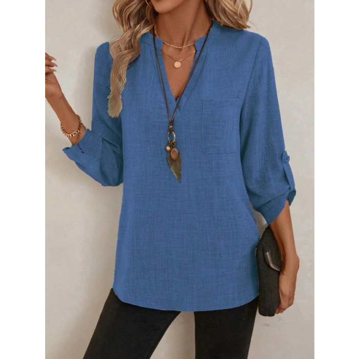 Kadın Truvakar Kol V Yakalı Keten Bluz