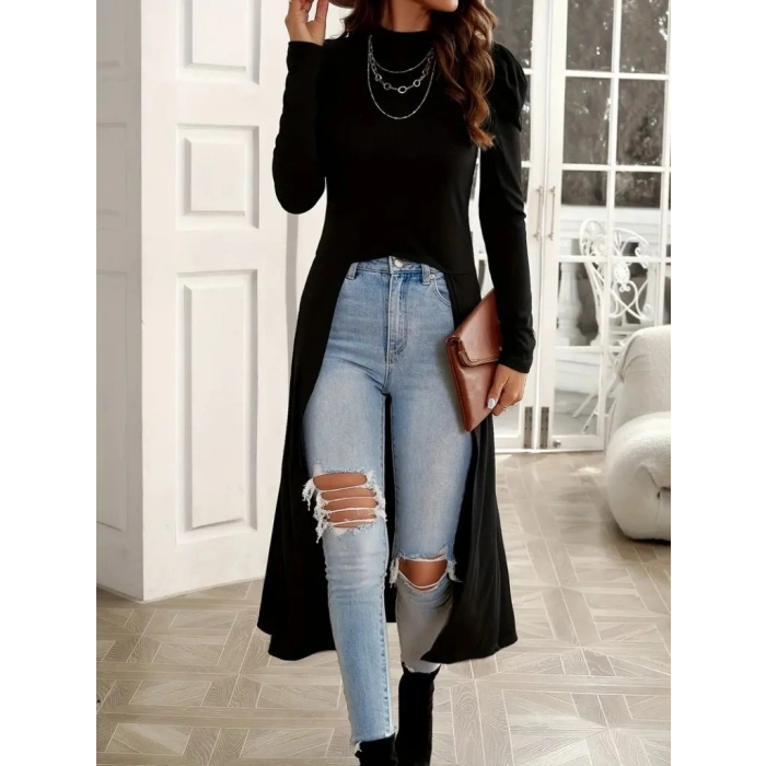 Kadın Uzun Balon Kollu Yarı Balıkçı Yaka önü Açık Kaşkorse Tunik