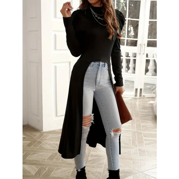 Kadın Uzun Balon Kollu Yarı Balıkçı Yaka önü Açık Kaşkorse Tunik