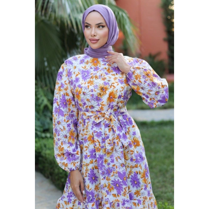 Kadın Uzun Çiçek Yaprak Desenli Belden Bağlamalı Elbise