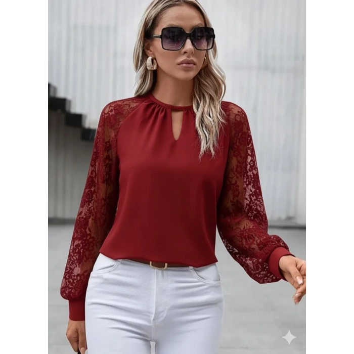 Kadın Uzun Dantel Kollu Yuvarlak Yakalı Sandy Bluz