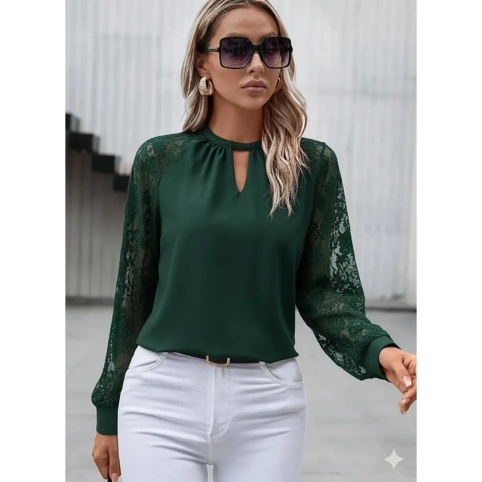 Kadın Uzun Dantel Kollu Yuvarlak Yakalı Sandy Bluz