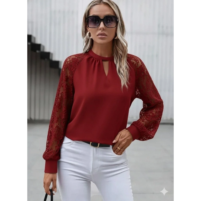 Kadın Uzun Dantel Kollu Yuvarlak Yakalı Sandy Bluz
