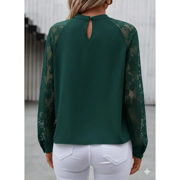 Kadın Uzun Dantel Kollu Yuvarlak Yakalı Sandy Bluz
