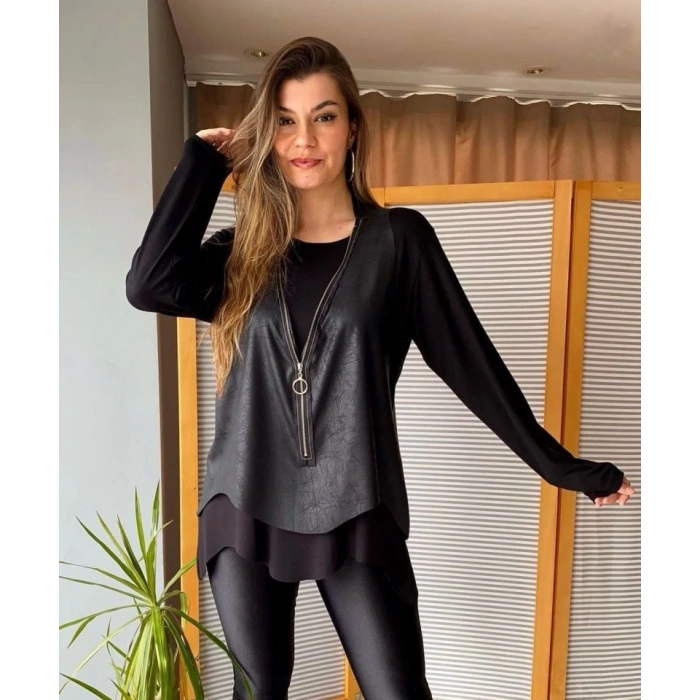 Kadın Uzun Kol Asimetrik Kesim Viskon Bluz Ve çatlak Deri Görünümlü Fermuar Detaylı Yelek Ikili Takım