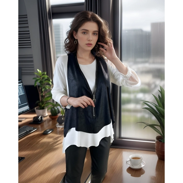 Kadın Uzun Kol Asimetrik Kesim Viskon Bluz Ve çatlak Deri Görünümlü Fermuar Detaylı Yelek Ikili Takım