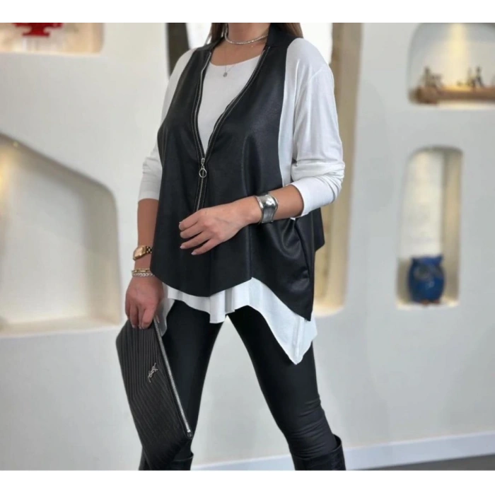 Kadın Uzun Kol Asimetrik Kesim Viskon Bluz Ve çatlak Deri Görünümlü Fermuar Detaylı Yelek Ikili Takım