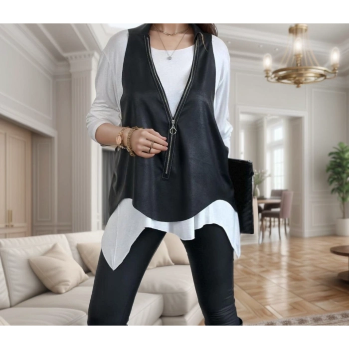 Kadın Uzun Kol Asimetrik Kesim Viskon Bluz Ve çatlak Deri Görünümlü Fermuar Detaylı Yelek Ikili Takım