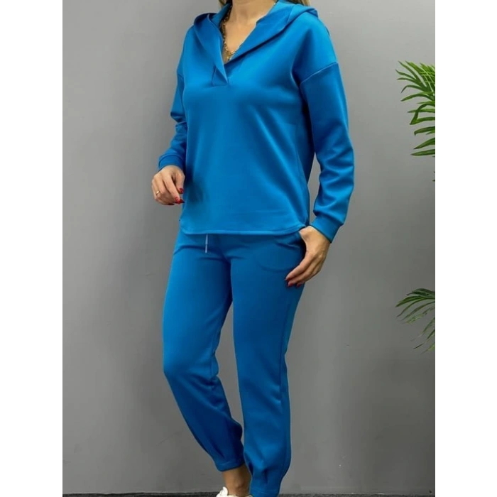 Kadın Uzun Kol V Yaka Kapüşon Detay weat Ve Yüksel Bel Eşofman Ikili Takım