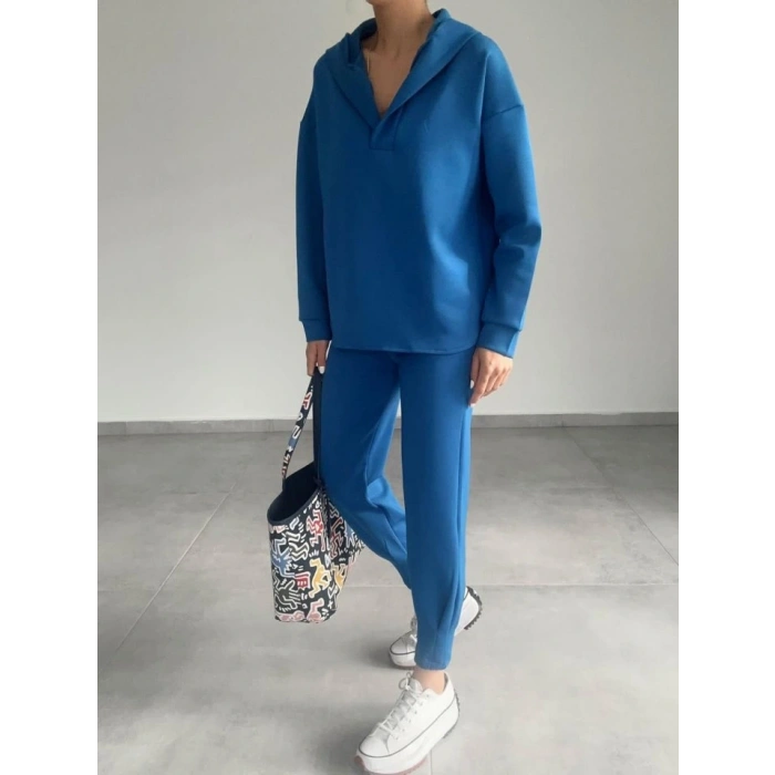 Kadın Uzun Kol V Yaka Kapüşon Detay weat Ve Yüksel Bel Eşofman Ikili Takım