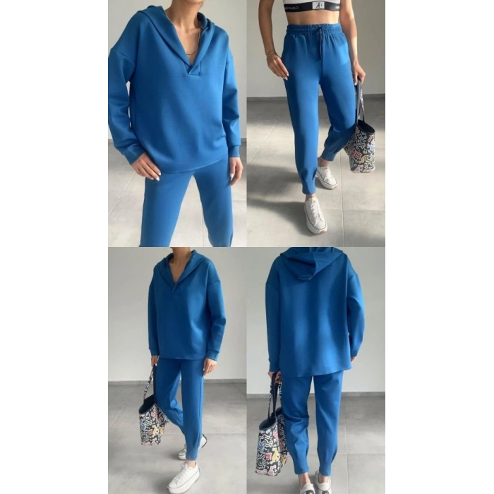 Kadın Uzun Kol V Yaka Kapüşon Detay weat Ve Yüksel Bel Eşofman Ikili Takım