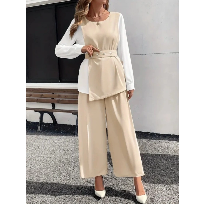 Kadın Uzun Kollu Açık Yakalı çift Renkli Kemerli Ithal Krep Ikili Takım