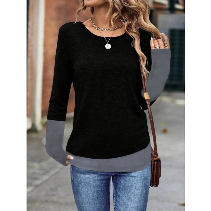 Kadın Uzun Kollu Açık Yuvarlak Yaka Blok Renkli Viskon Bluz