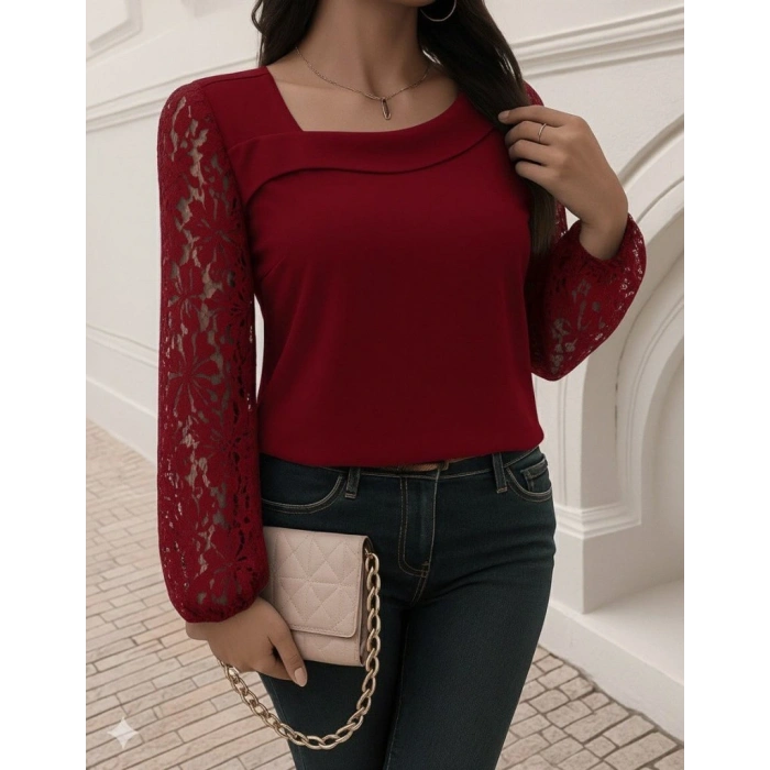 Kadın Uzun Kollu Asimetrik Yakalı Dantelli Ithal Krep Bluz