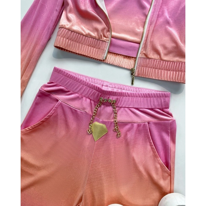 Kadın Uzun Kollu Askılı Yuvarlak Yakalı Krop Bluz, Uzun Kollu önden Fermuarlı Ceket Ve Pantolon Dalgıç üçlü Takım