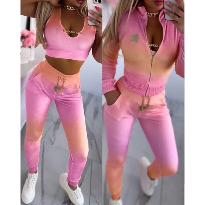 Kadın Uzun Kollu Askılı Yuvarlak Yakalı Krop Bluz, Uzun Kollu önden Fermuarlı Ceket Ve Pantolon Dalgıç üçlü Takım