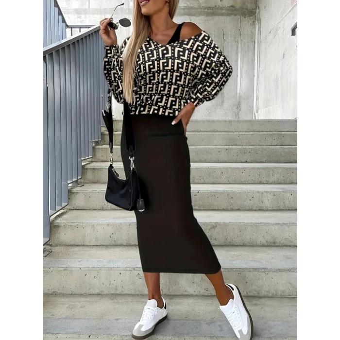 Kadın Uzun Kollu Askılı Yuvarlak Yakalı Yırtmaçlı Dalgıç Elbise Ile Yakalı Yunan Desenli Bluz Ikili Takım