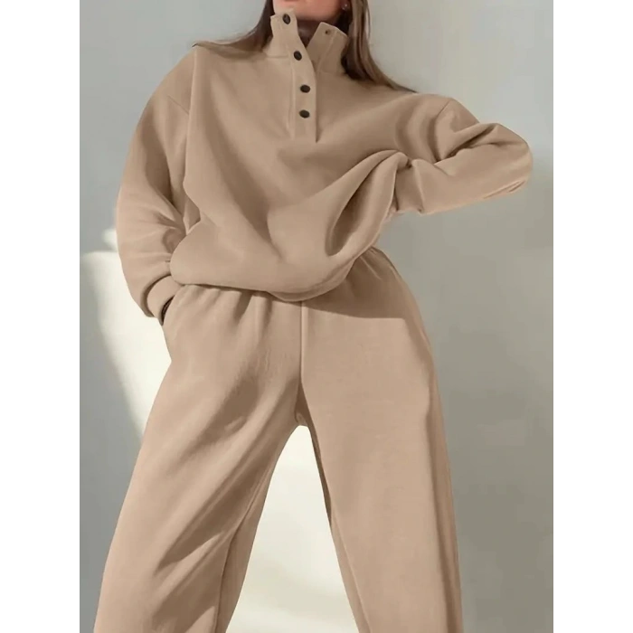 Kadın Uzun Kollu Balıkçı Dik Yakalı Düğmeli üç Iplik Bluz Ve Pantolon Ikili Takım