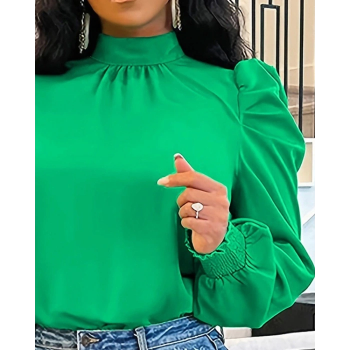 Kadın Uzun Kollu Balıkçı Yaka Arkadan Bağlamalı Omuzlardan Balon Ithal Krep Bluz