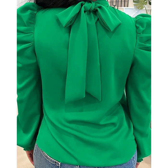 Kadın Uzun Kollu Balıkçı Yaka Arkadan Bağlamalı Omuzlardan Balon Ithal Krep Bluz