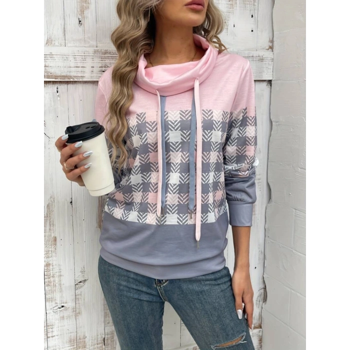 Kadın Uzun Kollu Balıkçı Yaka Bağcıklı Desenli şardonlu Dalgıç Bluz