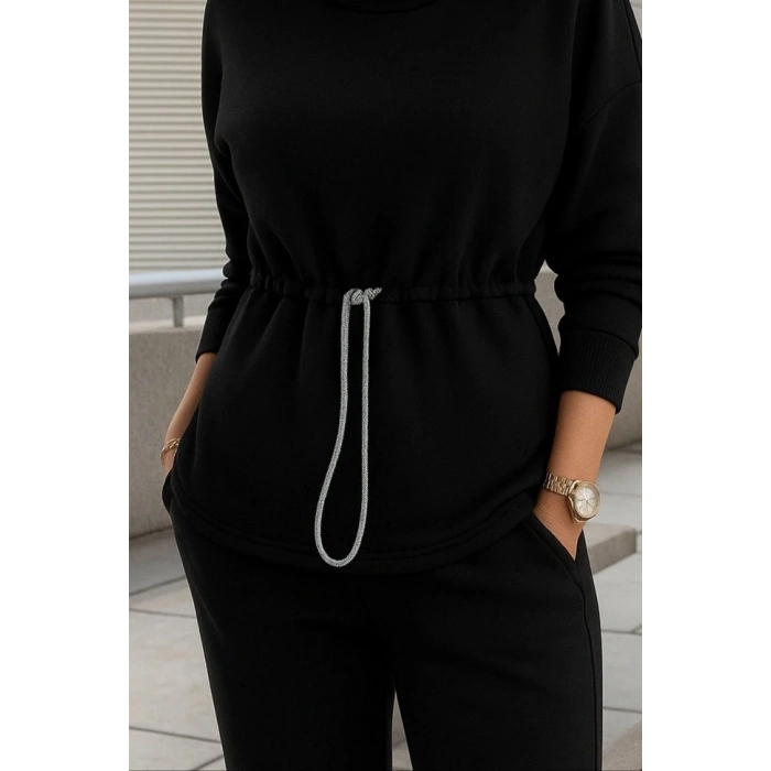 Kadın Uzun Kollu Balıkçı Yaka Belden Lastikli Modal Bluz Ve Pantolon Ikili Takım