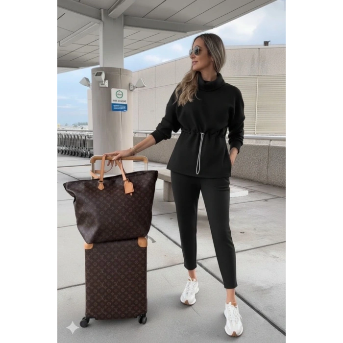 Kadın Uzun Kollu Balıkçı Yaka Belden Lastikli Modal Bluz Ve Pantolon Ikili Takım