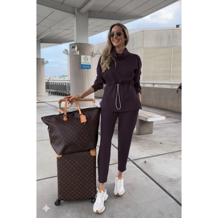 Kadın Uzun Kollu Balıkçı Yaka Belden Lastikli Modal Bluz Ve Pantolon Ikili Takım