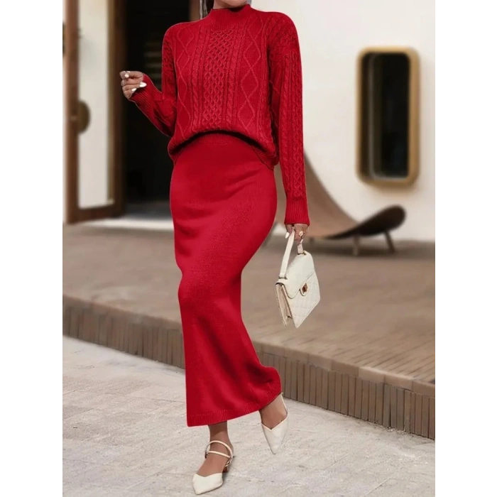 Kadın Uzun Kollu Balıkçı Yaka Bluz Ve Etek Ikili Triko Takım