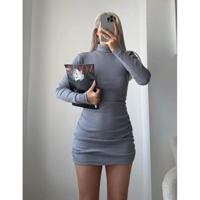 Kadın Uzun Kollu Balıkçı Yaka Büzgü Detay Kaşkorse Kumaş ini Elbise