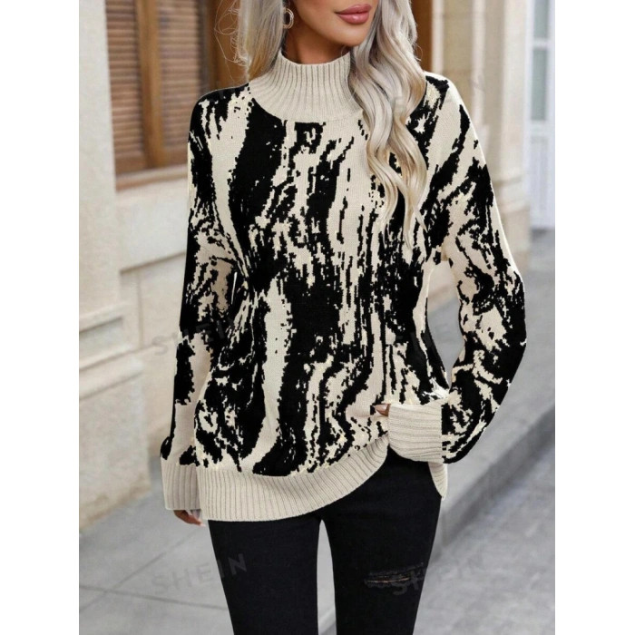 Kadın Uzun Kollu Balıkçı Yaka çok Renkli Triko Bluz