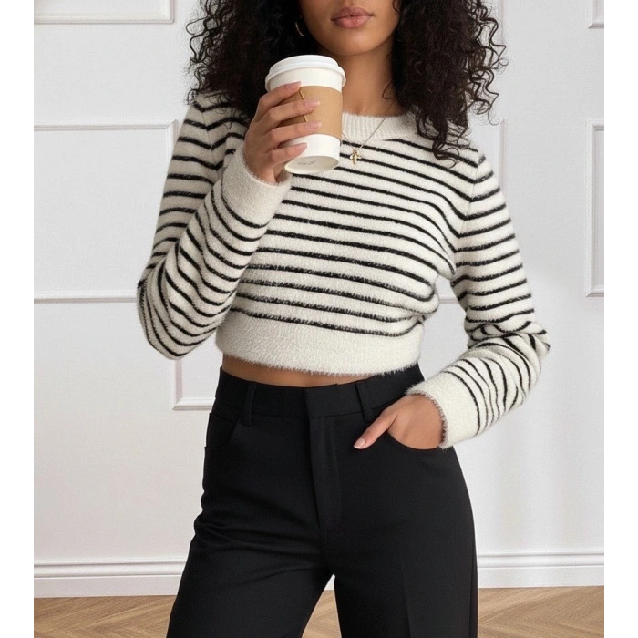 Kadın Uzun Kollu Balıkçı Yaka Crop Triko Bluz