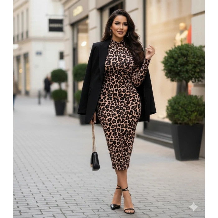 Kadın Uzun Kollu Balıkçı Yaka Leopar Desenli idi Boy Elbise
