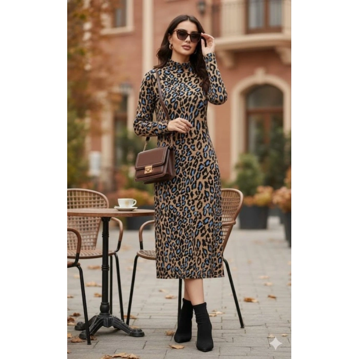 Kadın Uzun Kollu Balıkçı Yaka Leopar Desenli idi Boy Elbise