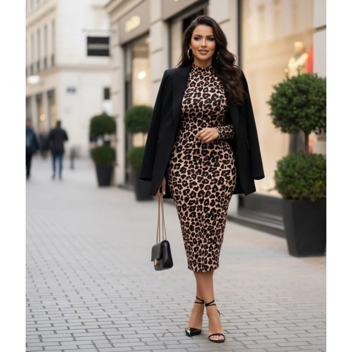 Kadın Uzun Kollu Balıkçı Yaka Leopar Desenli idi Boy Elbise