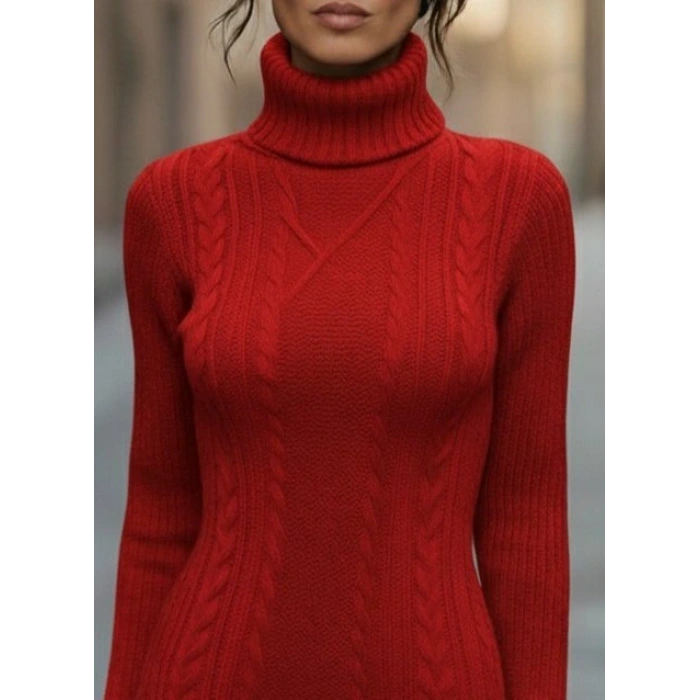 Kadın Uzun Kollu Balıkçı Yaka Kısa Triko Elbise