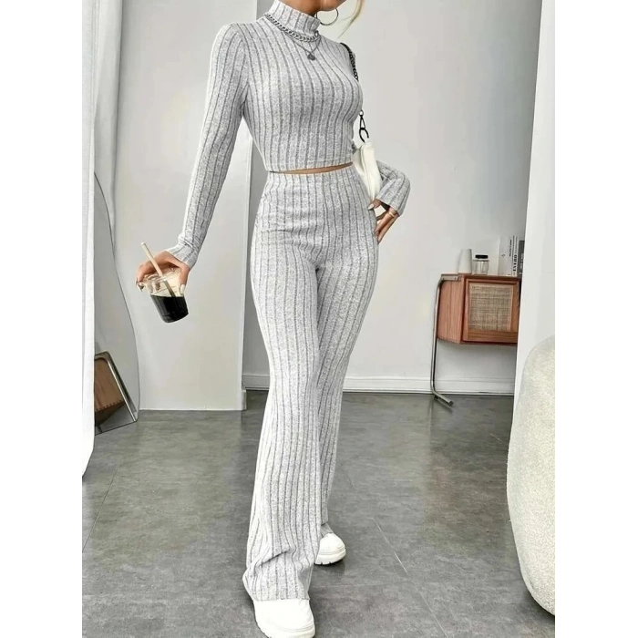 Kadın Uzun Kollu Balıkçı Yaka Krop Ve Pantolon şardonlu Kaşkorse Ikili Takım