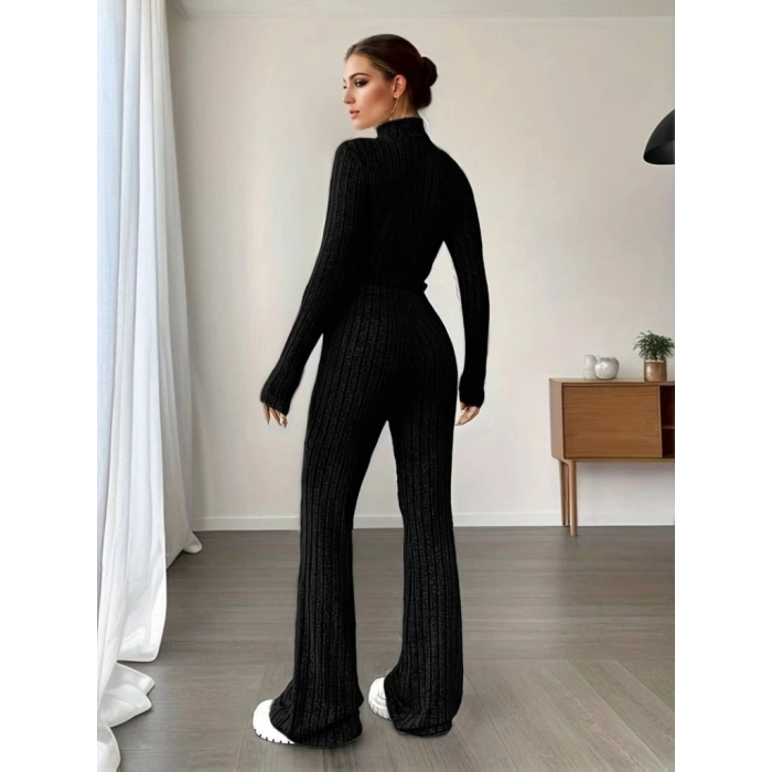 Kadın Uzun Kollu Balıkçı Yaka Krop Ve Pantolon şardonlu Kaşkorse Ikili Takım