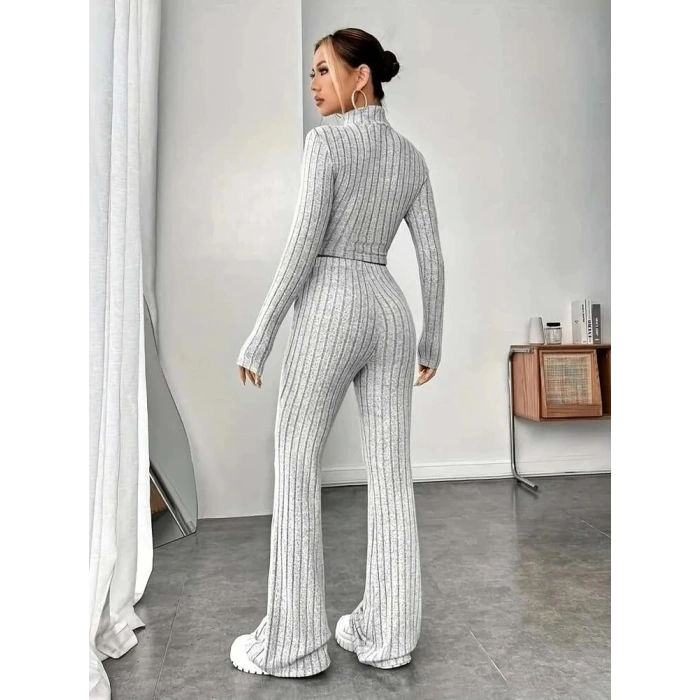 Kadın Uzun Kollu Balıkçı Yaka Krop Ve Pantolon şardonlu Kaşkorse Ikili Takım