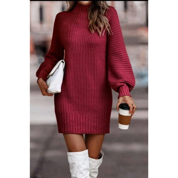 Kadın Uzun Kollu Balıkçı Yaka Mini Triko Elbise