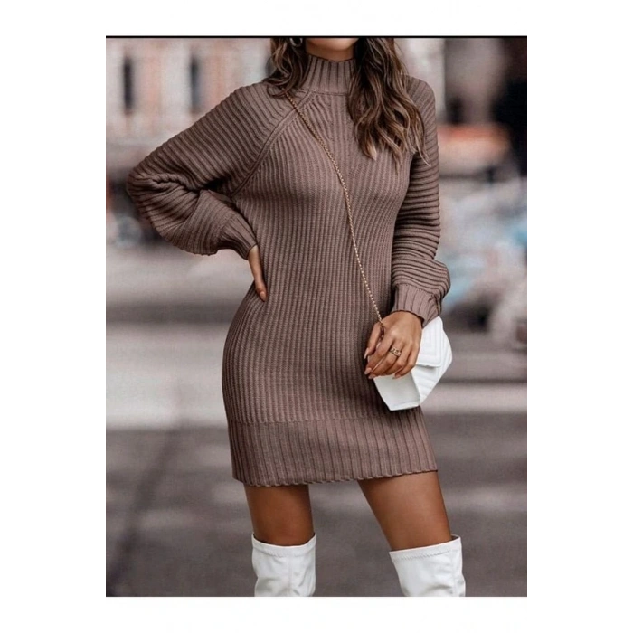 Kadın Uzun Kollu Balıkçı Yaka Mini Triko Elbise