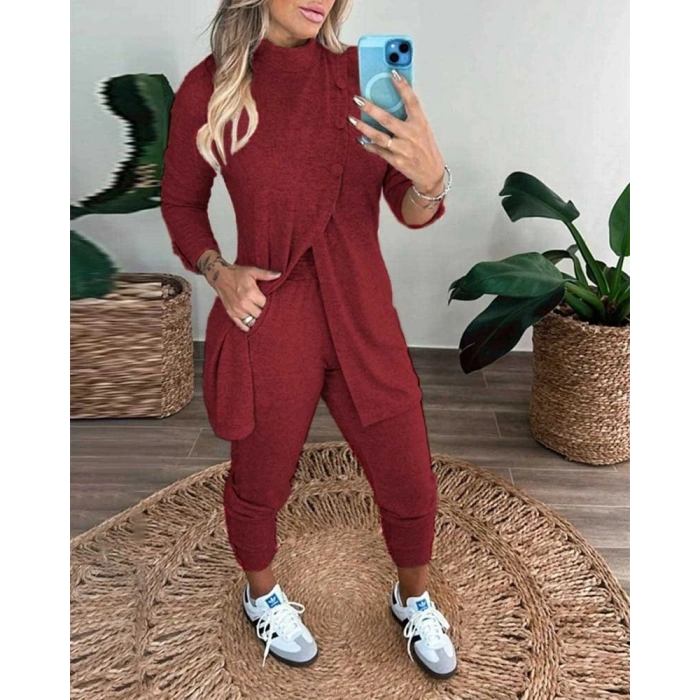 Kadın Uzun Kollu Balıkçı Yaka önden Düğmeli Bluz Ve Pantolon Yumoş Ikili Takım