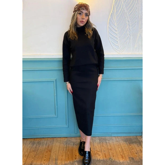 Kadın Uzun Kollu Balıkçı Yaka şardonlu Bluz Etek Takım