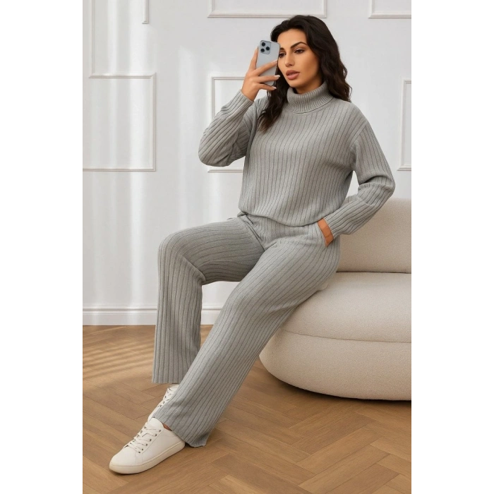 Kadın Uzun Kollu Balıkçı Yaka şardonlu Bluz Ve Pantolon Ikili Takım