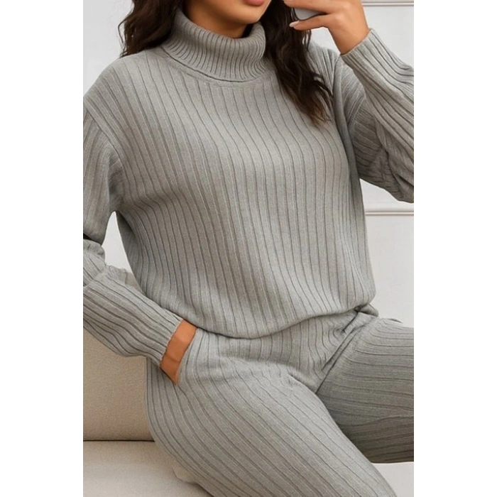 Kadın Uzun Kollu Balıkçı Yaka şardonlu Bluz Ve Pantolon Ikili Takım