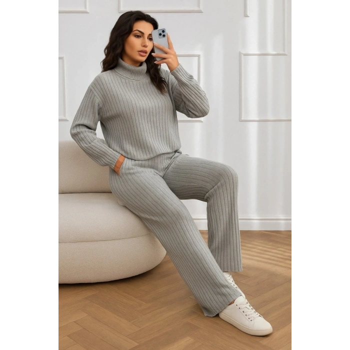 Kadın Uzun Kollu Balıkçı Yaka şardonlu Bluz Ve Pantolon Ikili Takım