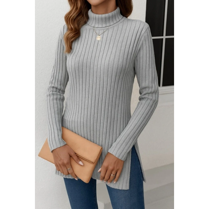 Kadın Uzun Kollu Balıkçı Yaka Yandan Yırtmaçlı şardonlu Kaşkorse Bluz