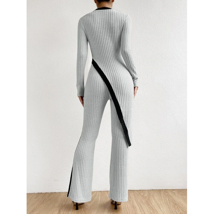 Kadın Uzun Kollu Bisiklet Yaka Asimetrik Kesim Bluz şardonlu Kaşkorse Bluz Ve Pantolon Ikili Takım