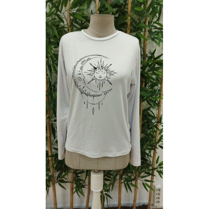 Kadın Uzun Kollu Bisiklet Yaka Ay Baskılı Viskon Bluz